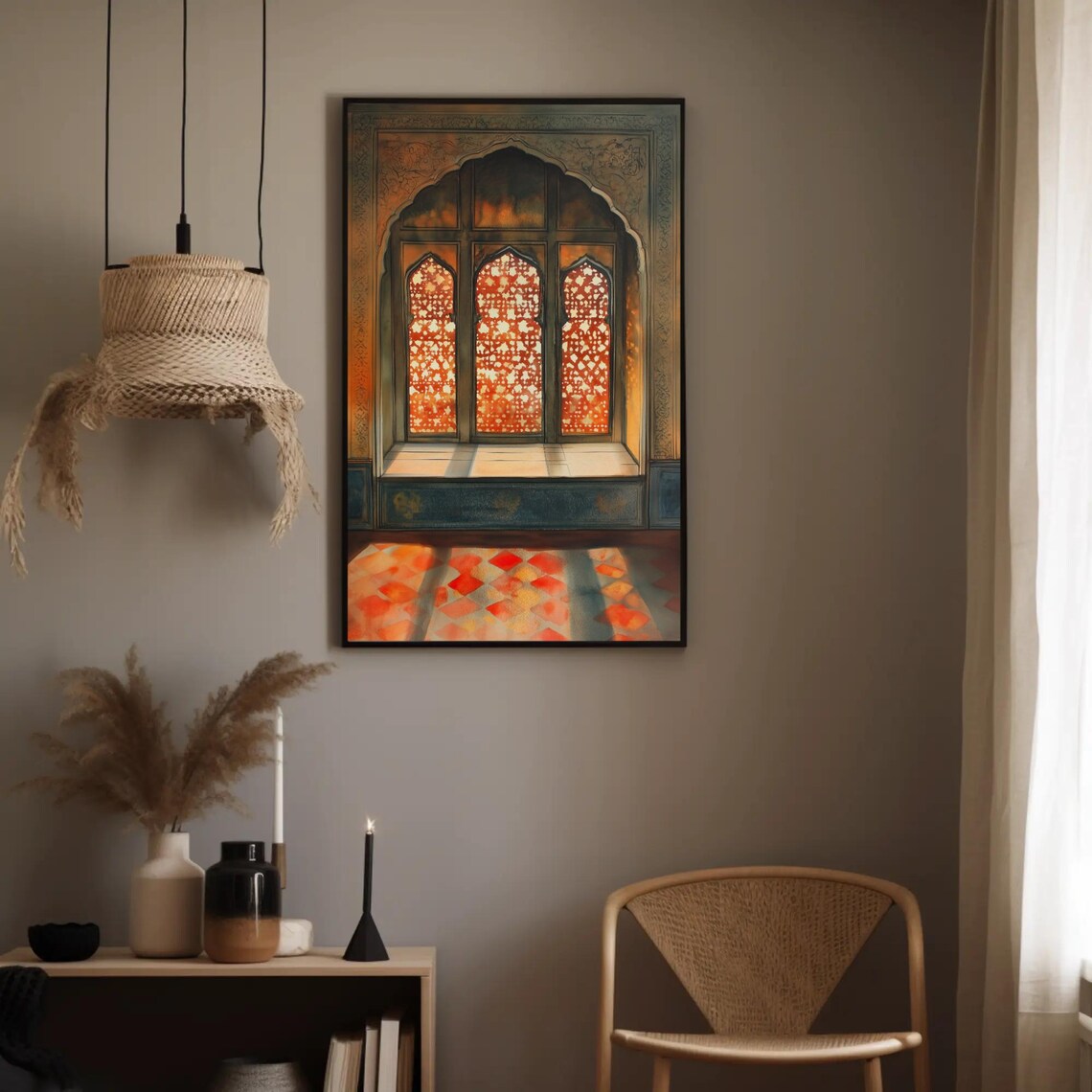 Rajasthani Haveli Window with Glowing Red Jaali Lattice Screens Poster - Image 3