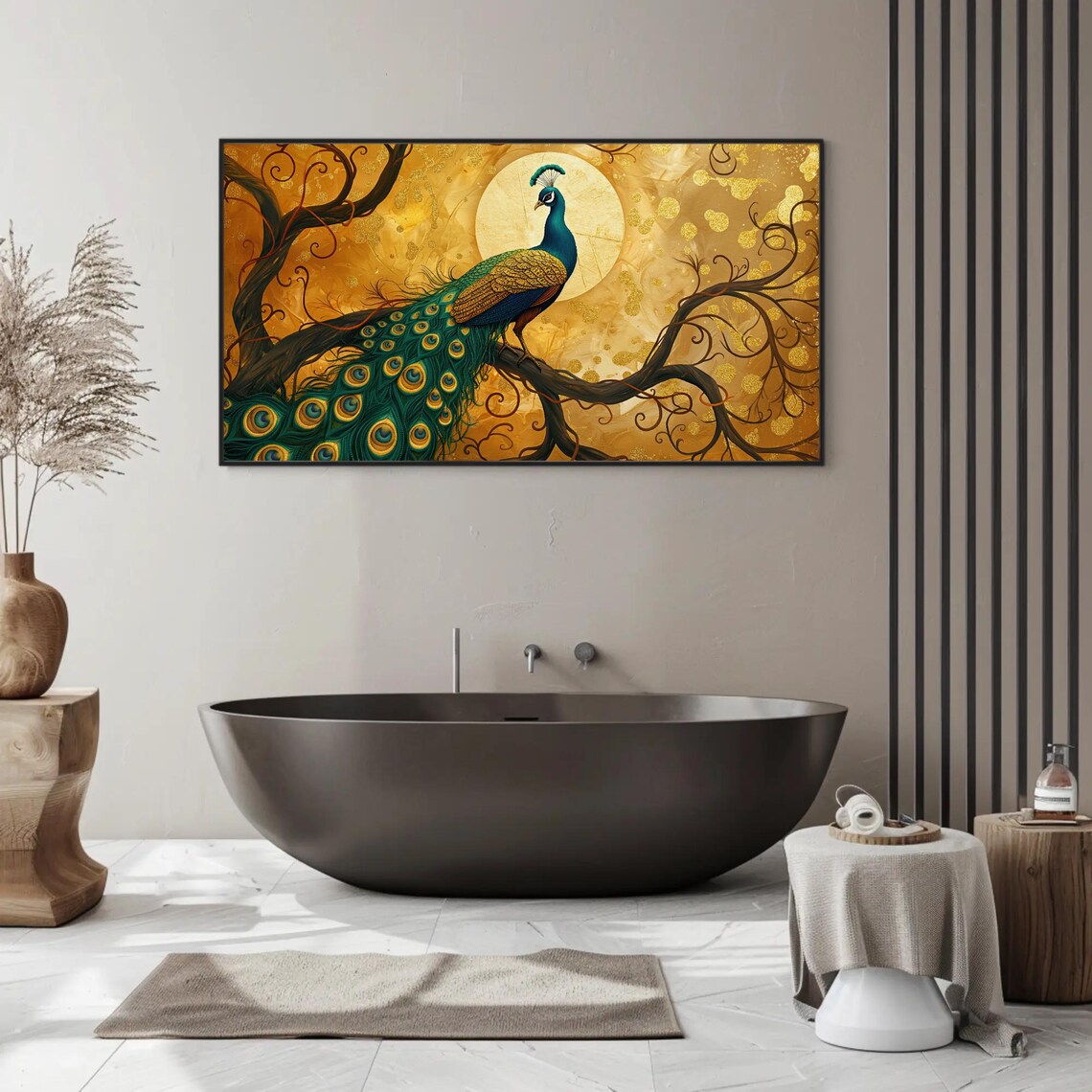 Peacock On Branch Under Golden Moon Ornate Bird Painting Poster - Image 3