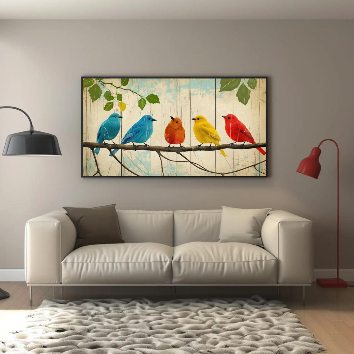 Five Colorful Birds On Branch Rustic Wood Background Art Poster - Image 4