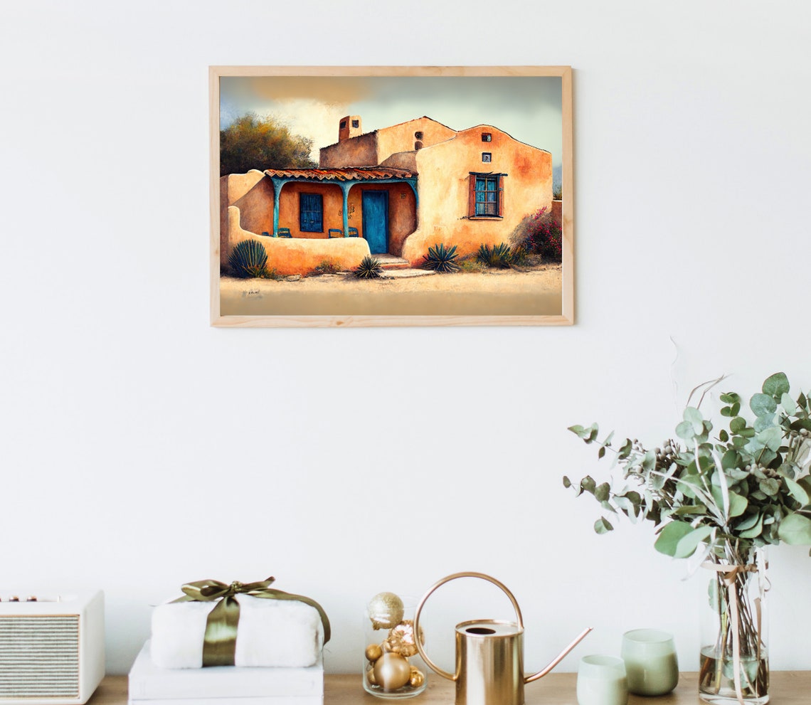 Adobe Pueblo House Blue Doors Desert Plants Southwestern Art Poster - Image 5