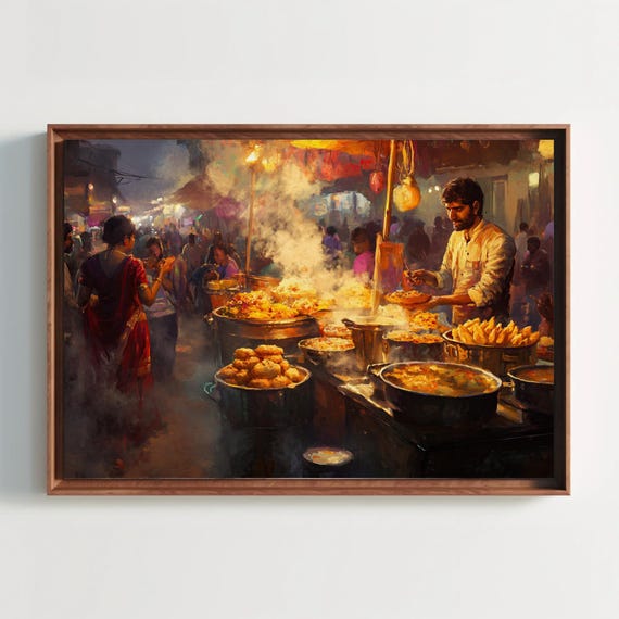 Indian Street Food Market Scene Print Vibrant Chaat Wall Art Cultural Indian Painting For Kitchen Or Dining Room Ready To Hang