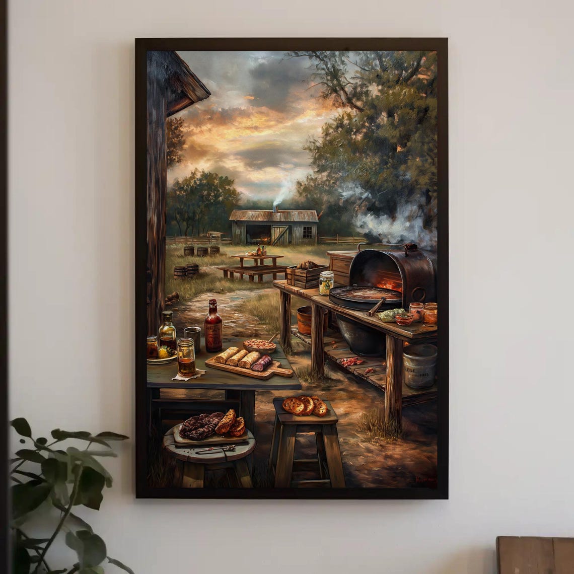 Rustic Farmhouse Backyard BBQ Smoker Grill Scene At Sunset Poster