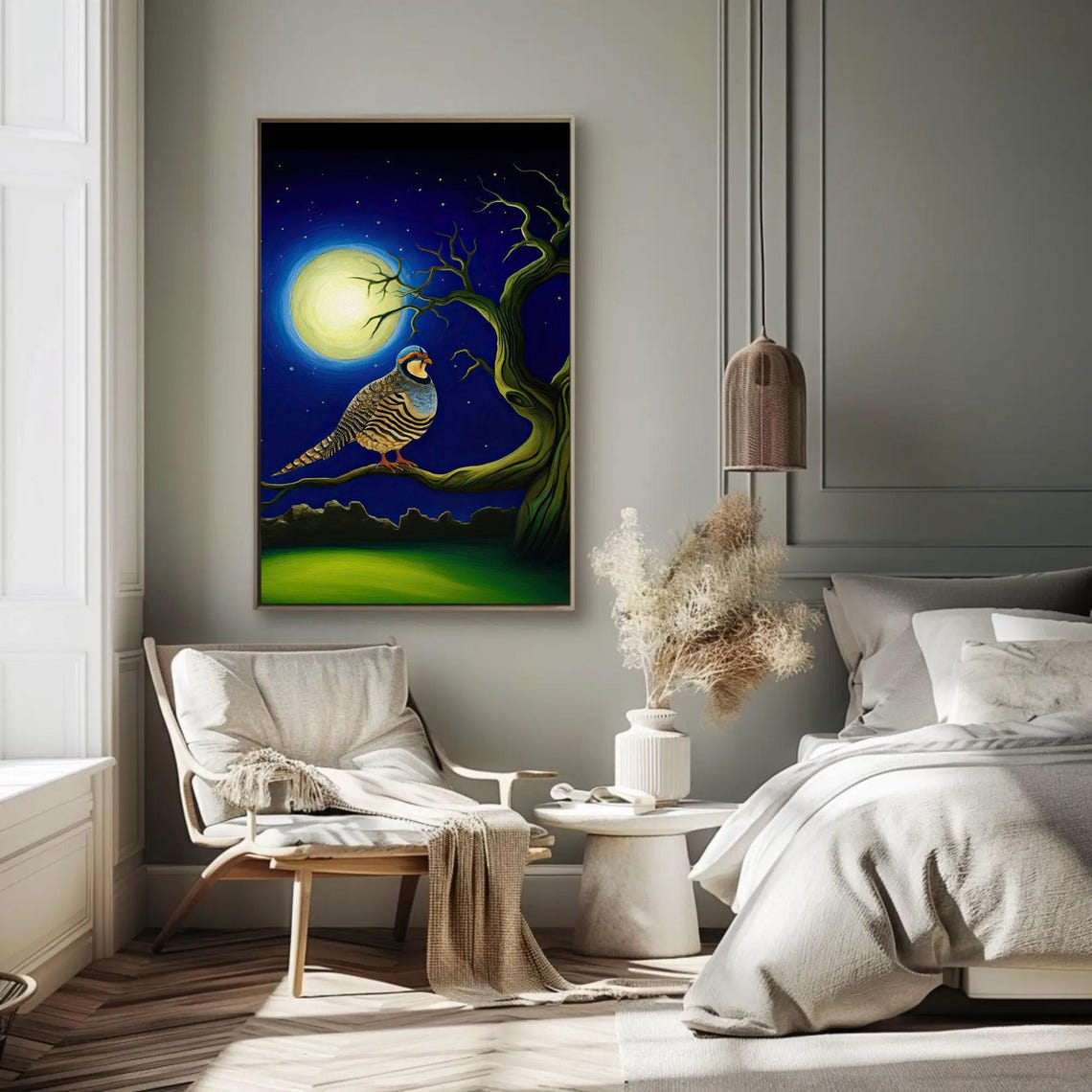 Chukar Bird Under A Full Moon Mystical Night Sky Painting Poster - Image 5