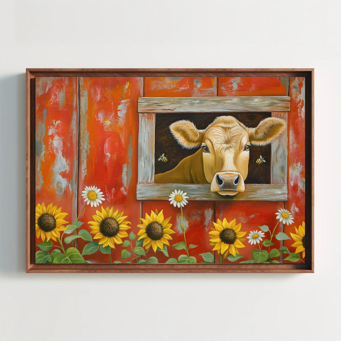 Curious Cow At Red Barn Window With Sunflowers Farm Art Poster