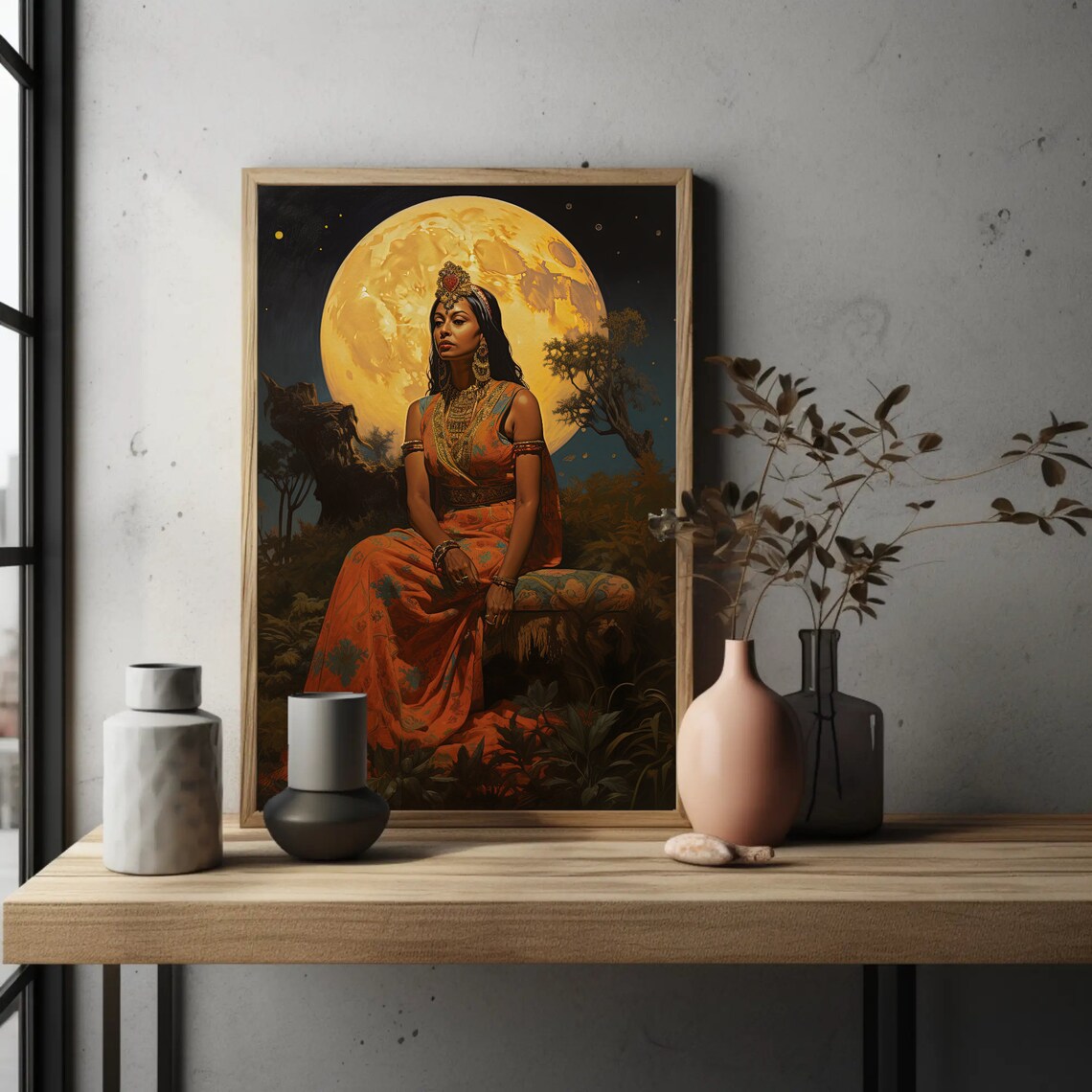 Regal Indian Woman Seated in Jungle Under Giant Full Moon Poster - Image 3