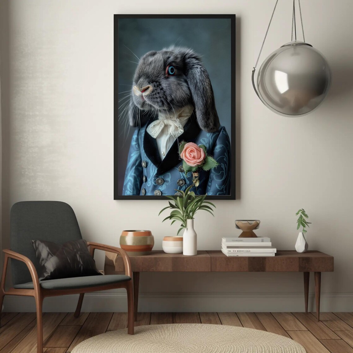 Gray Holland Lop Rabbit in Blue Victorian Suit with Rose Portrait Poster - Image 4