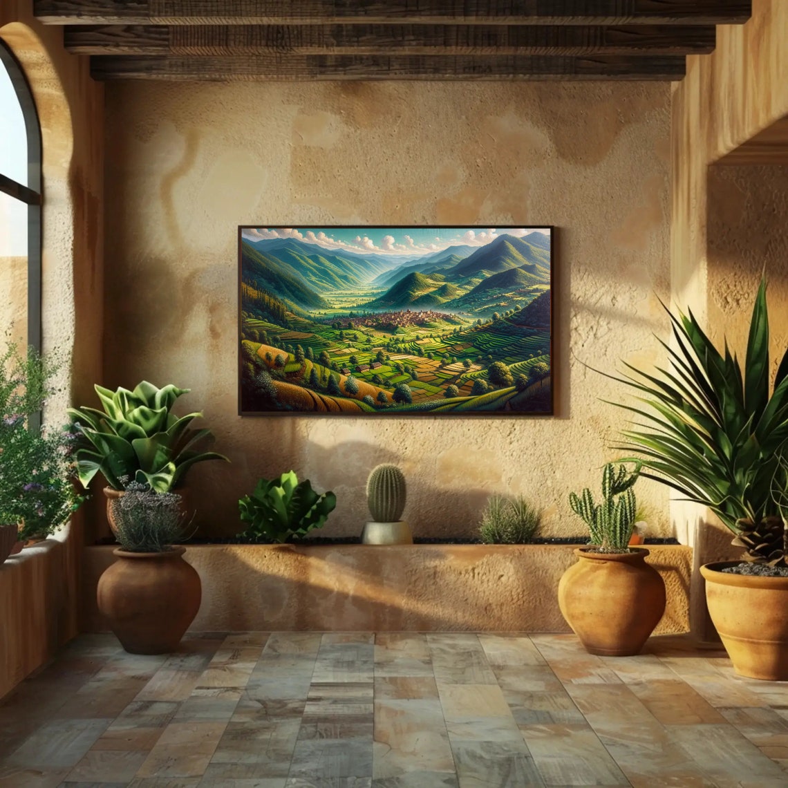 Lush Terraced Green Valley With Mountain Village Panorama Poster - Image 2