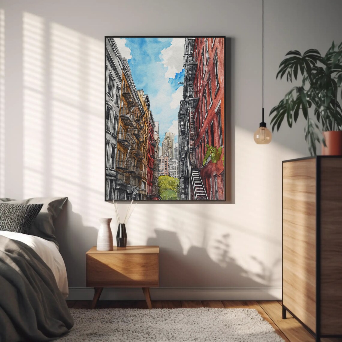 New York Street with Fire Escapes Watercolor City Travel Poster - Image 2