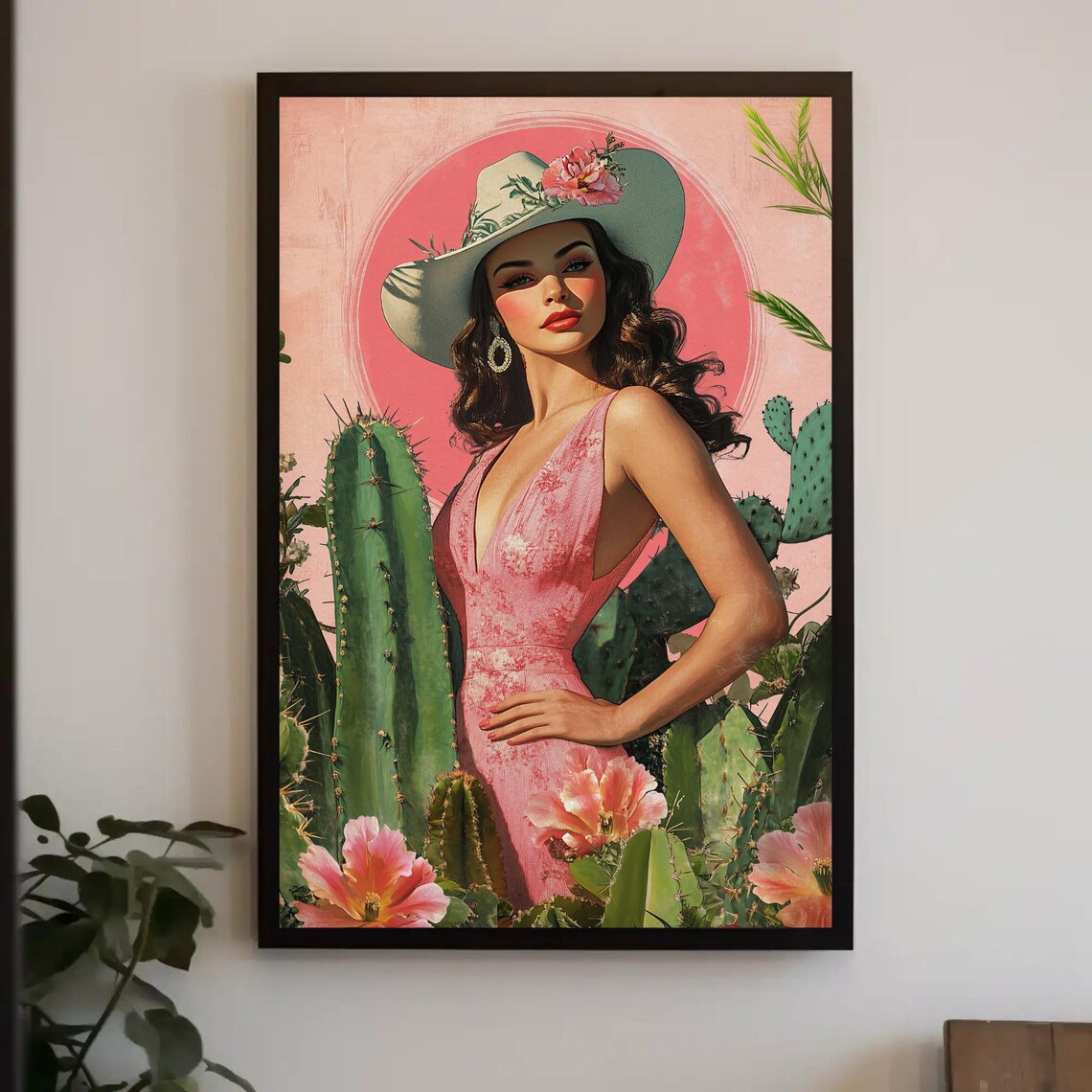Latina Cowgirl With Cactus and Flowers, Wall Art Print