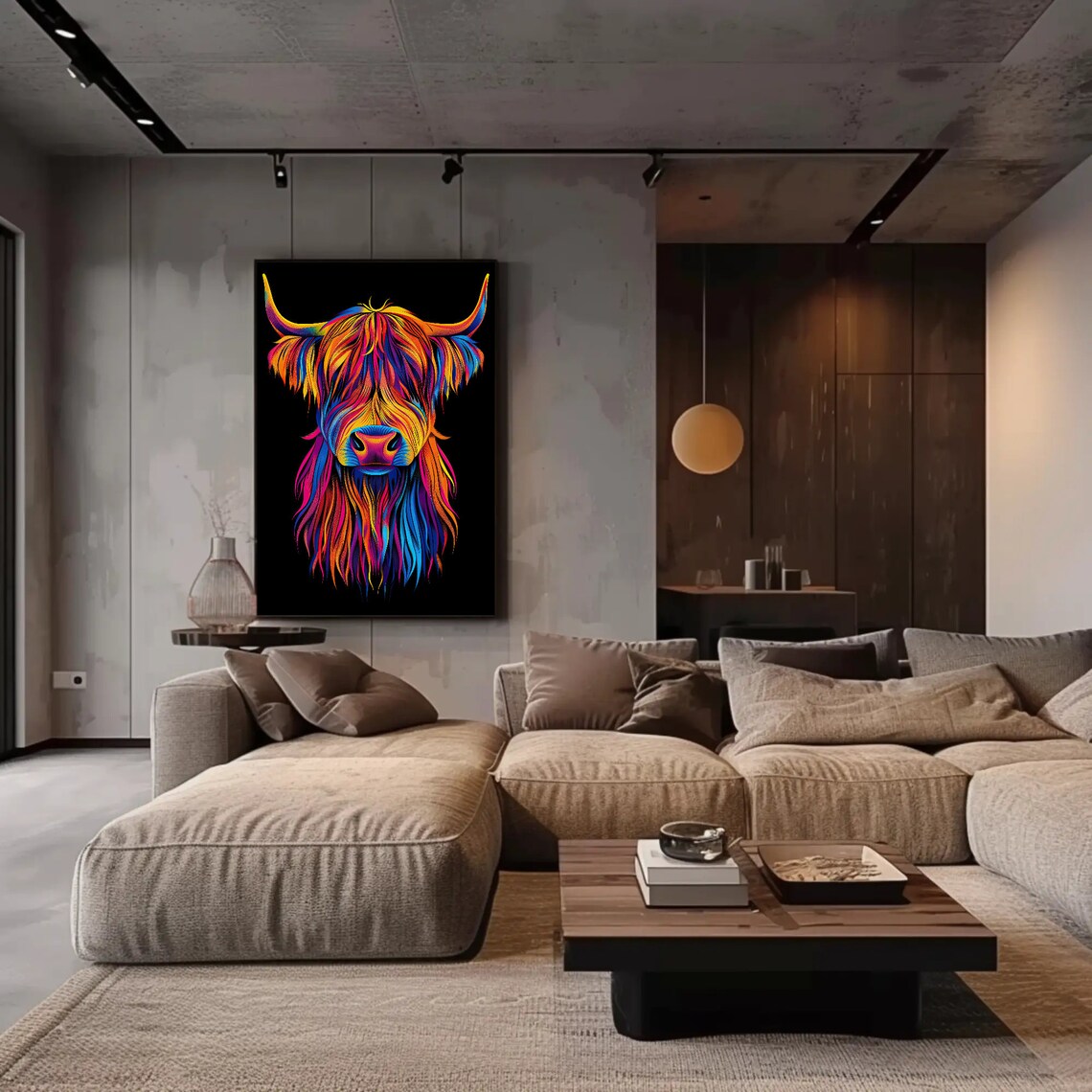 Colorful Neon Highland Cow Head Black Background Animal Poster - Image 5