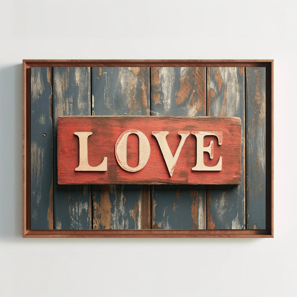 Rustic Red LOVE Wooden Sign On Distressed Blue Barnwood Print