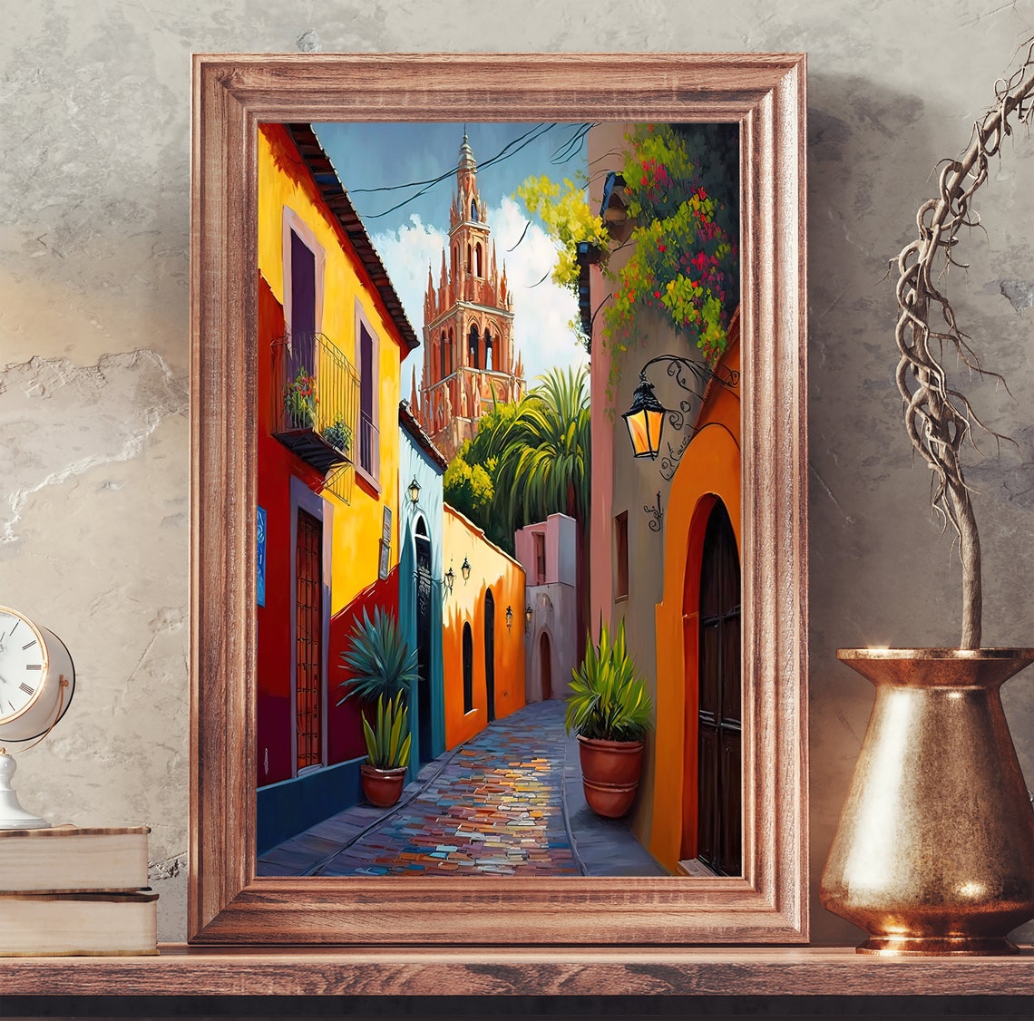 Church Street In San Miguel De Allende Guanajuato Mexico Oil Painting Mexican Art Ideal For Home Decor And Gifts - Image 2