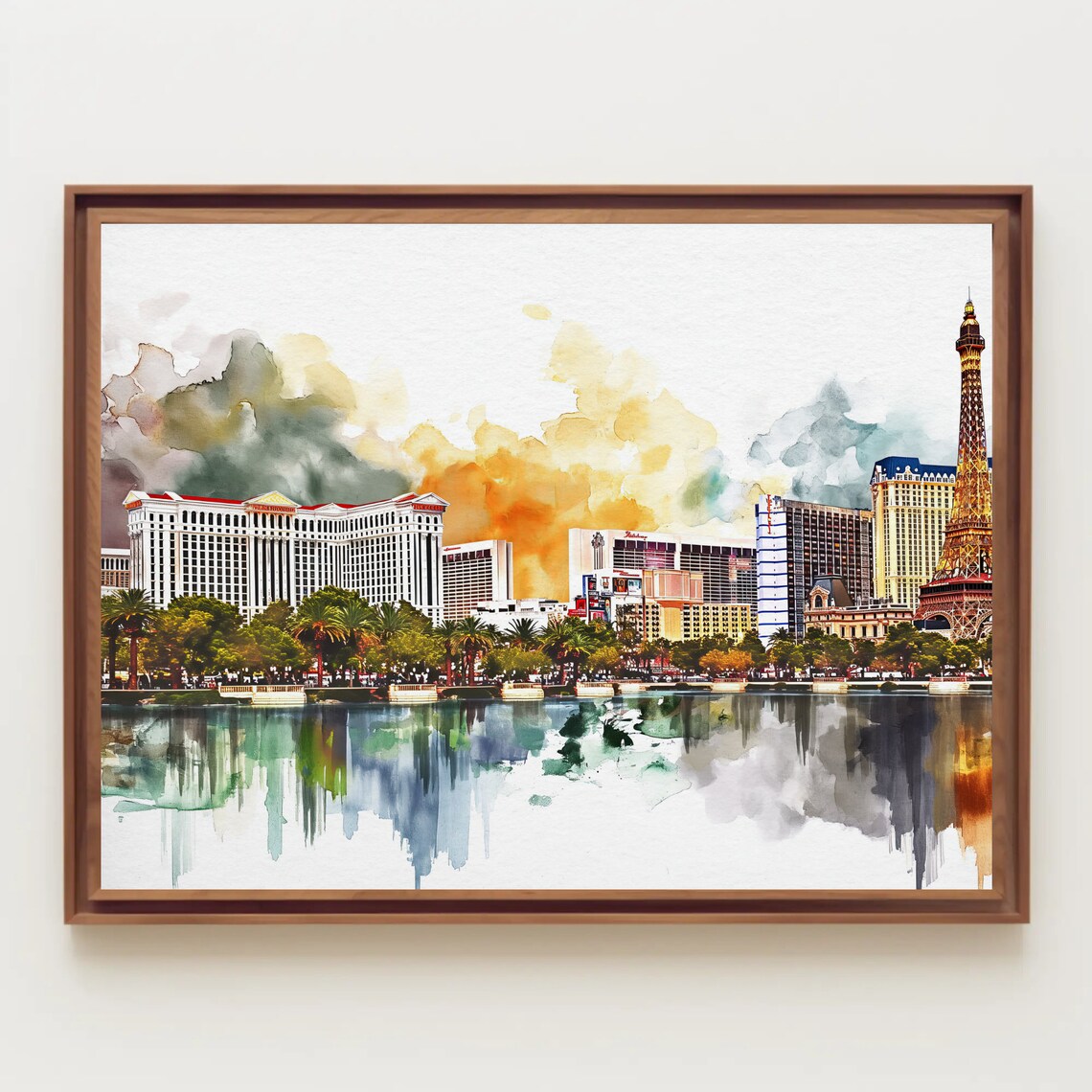 Las Vegas Strip Watercolor Skyline Night Fountain Reflection Poster - Image 5