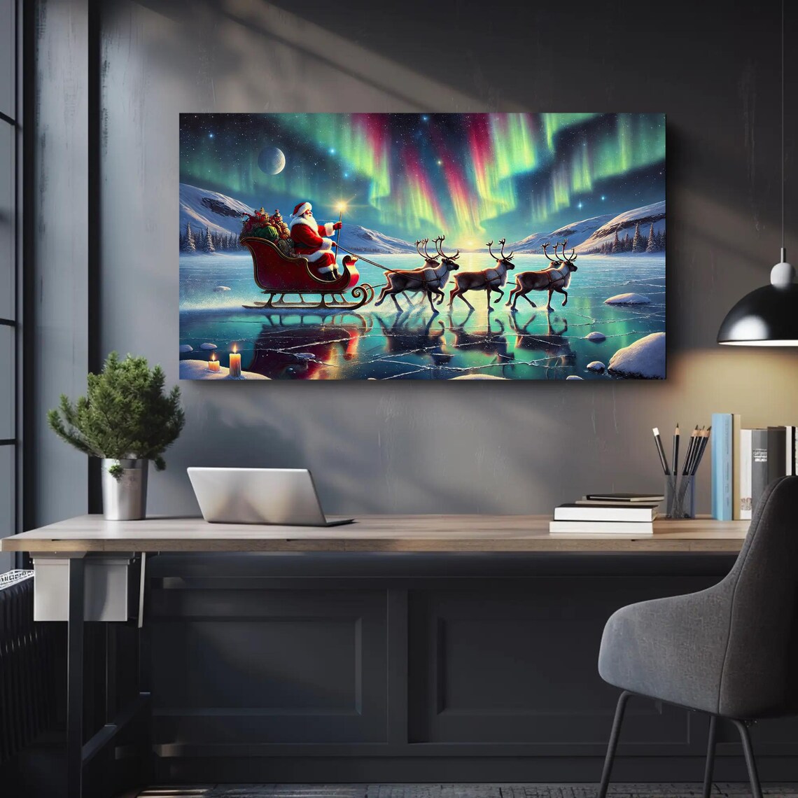Santa Sleigh Gliding Under Northern Lights On A Frozen Lake Poster - Image 4