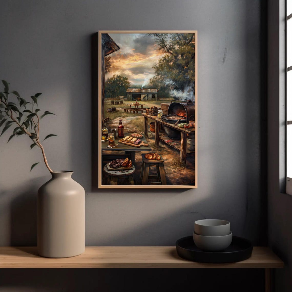 Rustic Farmhouse Backyard BBQ Smoker Grill Scene At Sunset Poster - Image 3