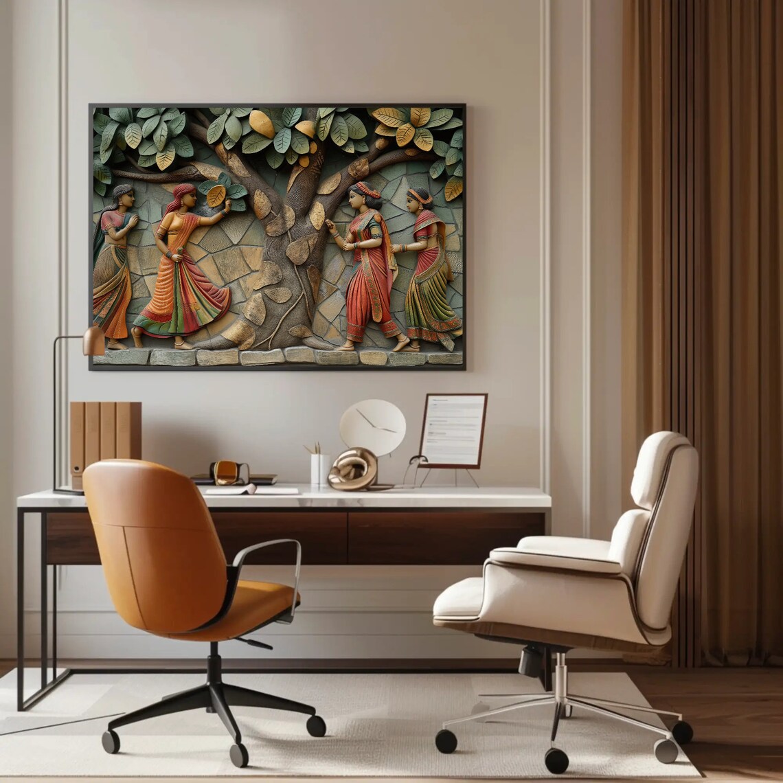 Four Indian Women Under the Old Tree 3D Relief Sculpture Poster - Image 2