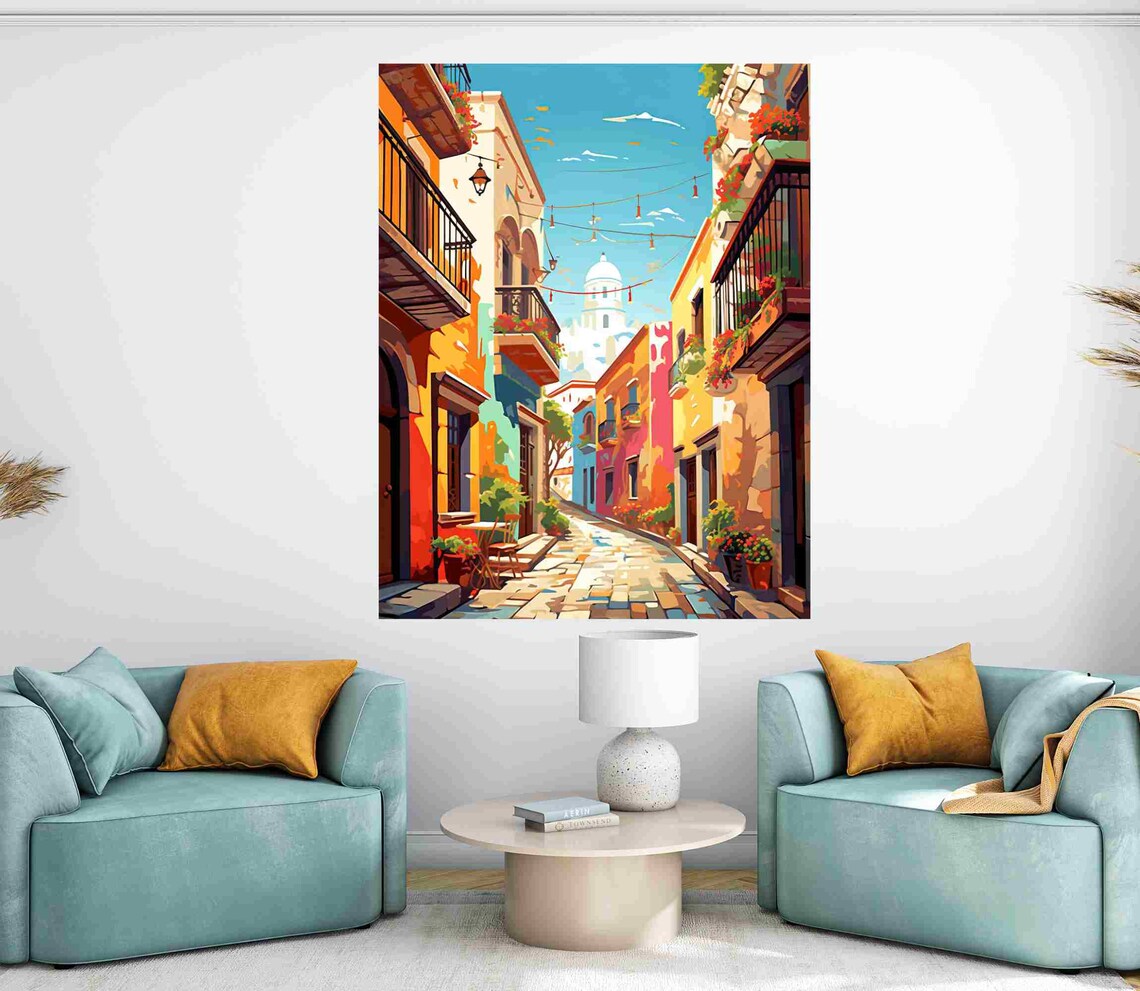 Streets Of Mexico Painting, Mexican Town Art Print - Image 2