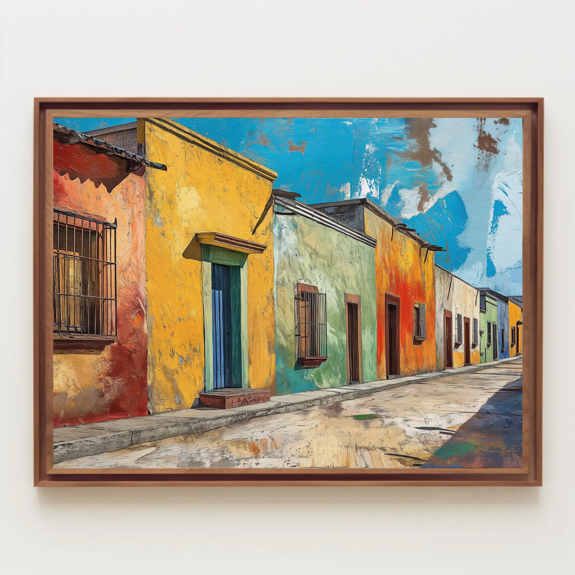 Colorful Mexican Colonial Street Sunny Day Folk Painting Poster - Image 5