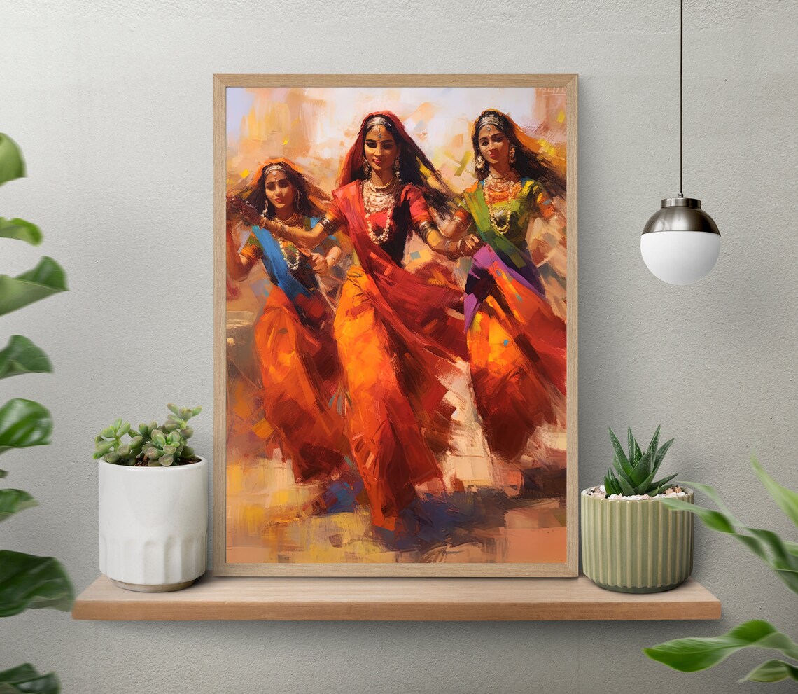Three Indian Women Dancing Together in Colorful Dresses Poster - Image 4