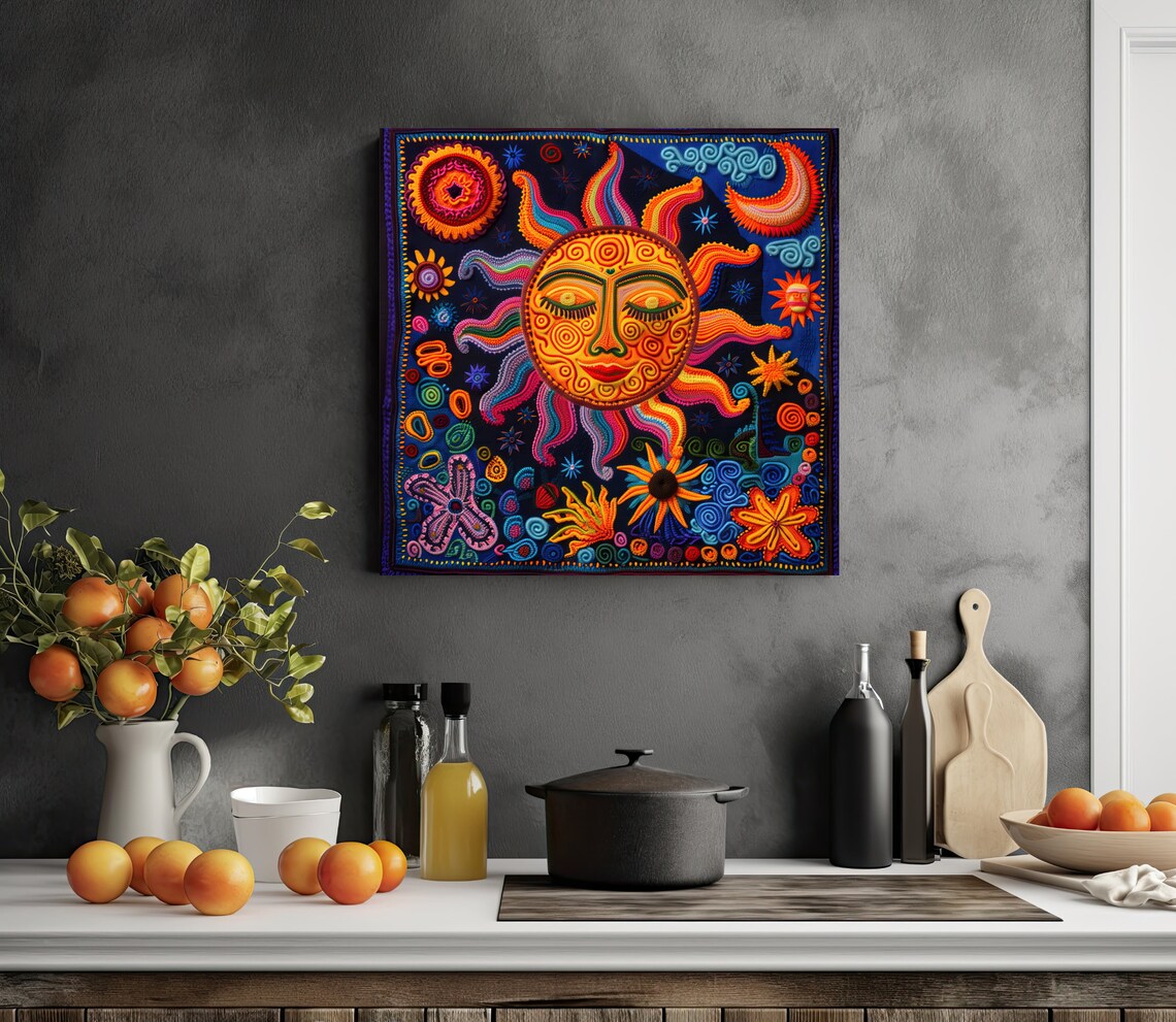 Smiling Sun Face Huichol Yarn Art Poster on Midnight Blue Background - Image 3