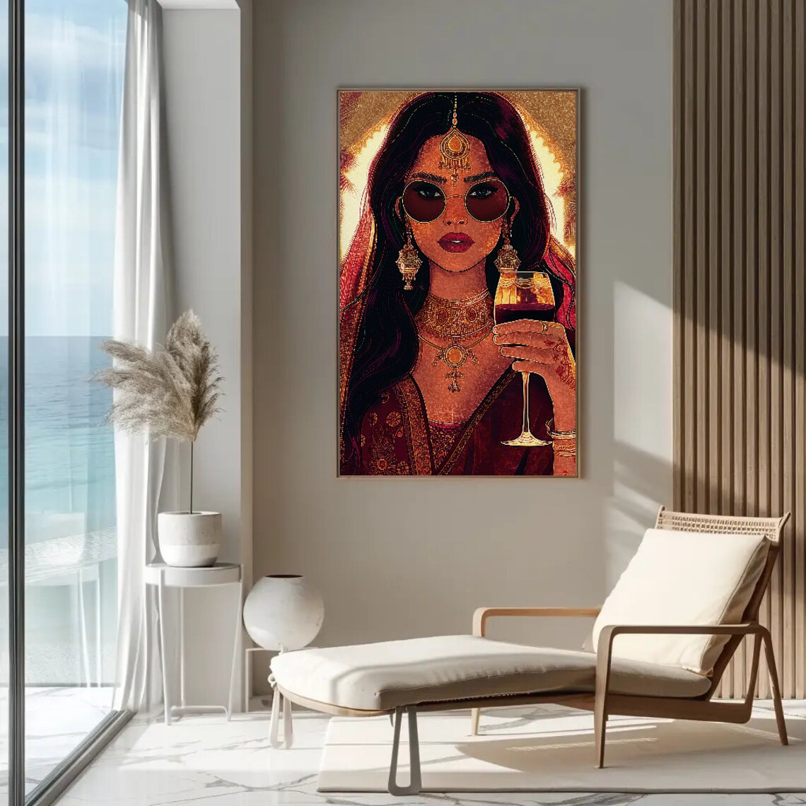 Indian Woman In Saree Holding Wine Modern Desi Illustration Poster - Image 2