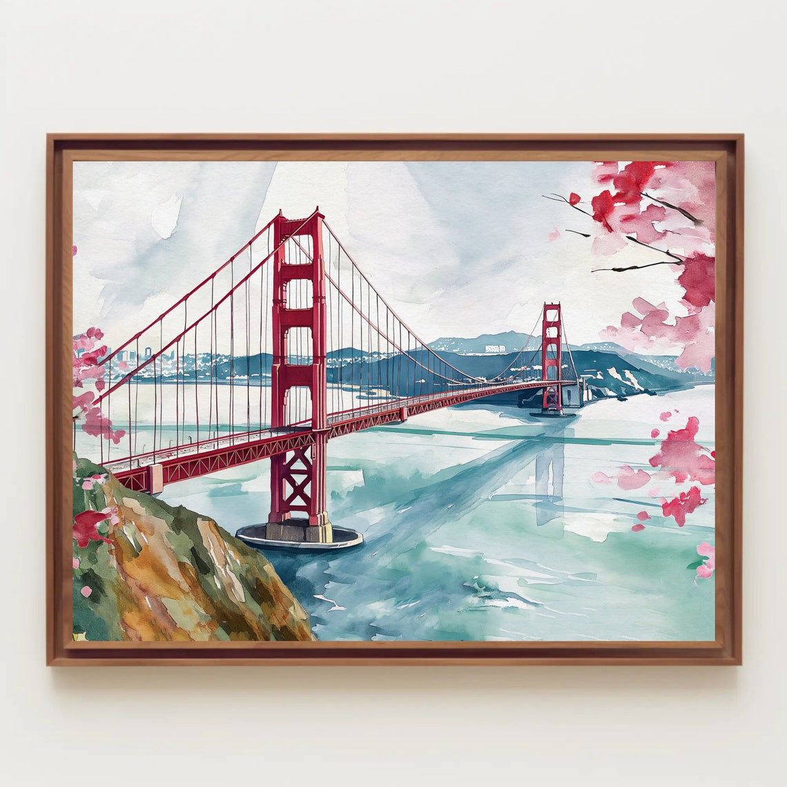 Golden Gate Bridge Watercolor Cherry Blossom Panoramic SF Poster - Image 2