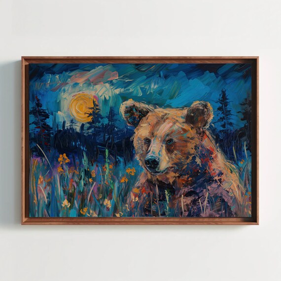Brown Bear Wildflowers Starry Night Oil Painting Wildlife Poster