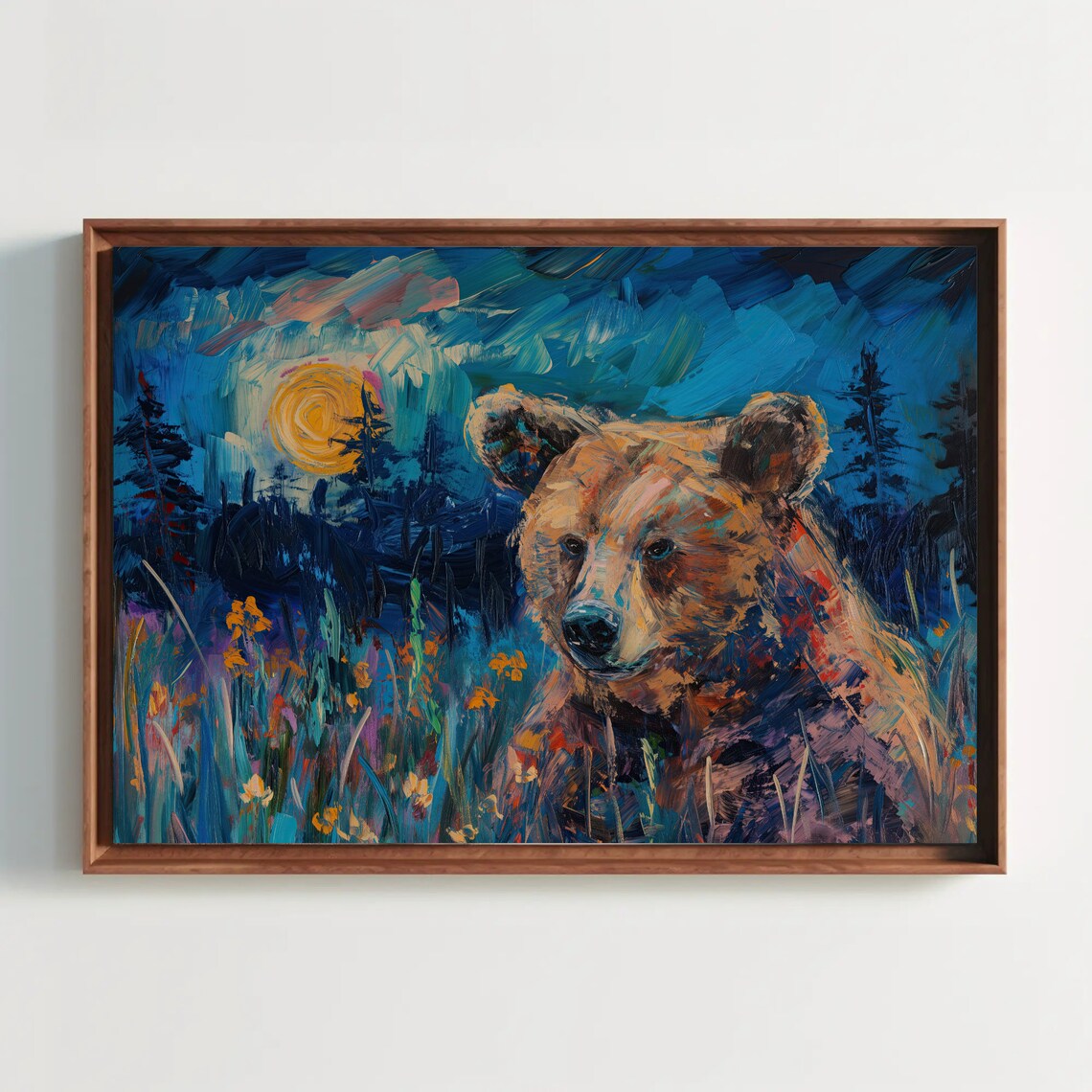 Brown Bear Wildflowers Starry Night Oil Painting Wildlife Poster