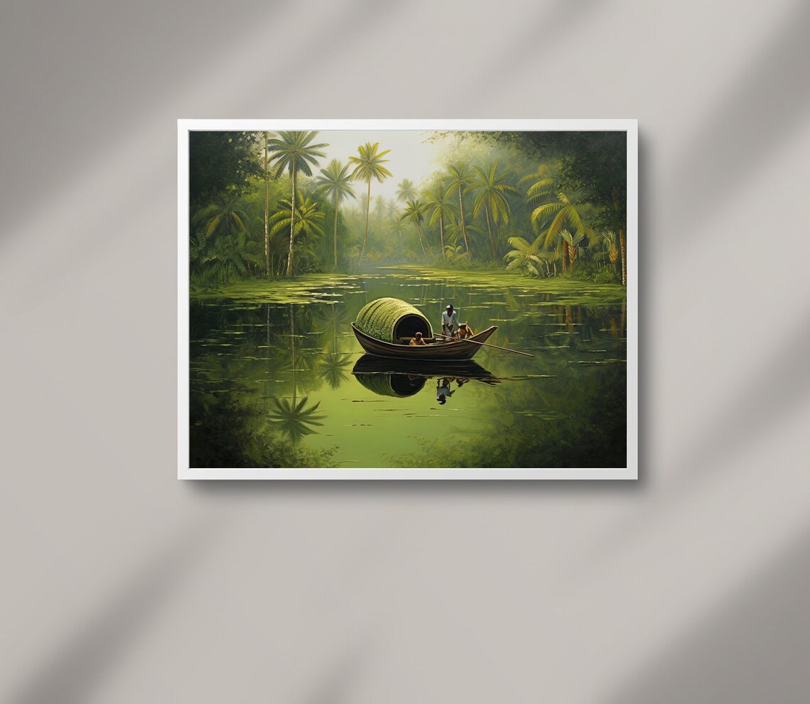 Fishing Boat In South Indian Lake Print Indian Wall Art India Oil Painting Boat In A Lake Large Print - Image 2