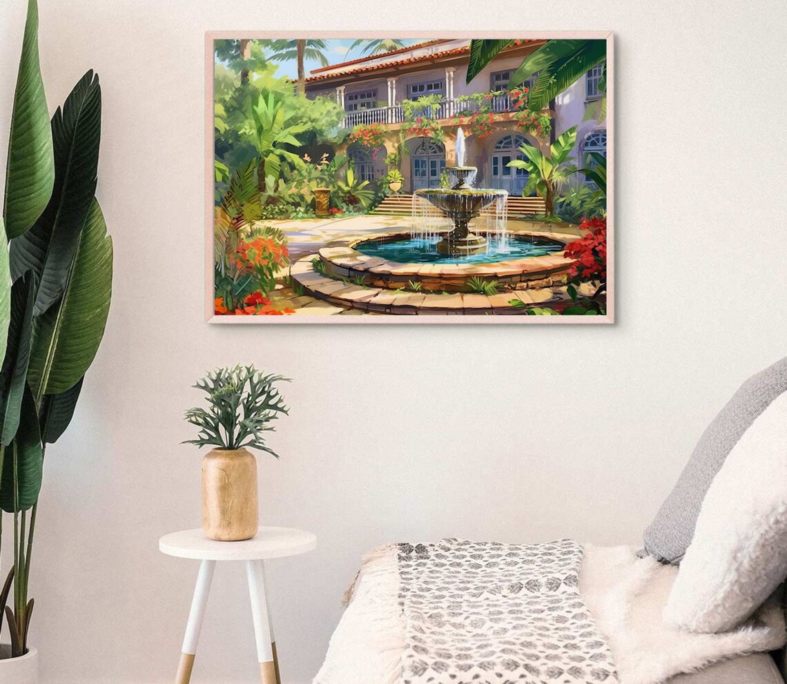 Mexican Colonial Home Fountain Palm Garden White Villa Art Poster - Image 4
