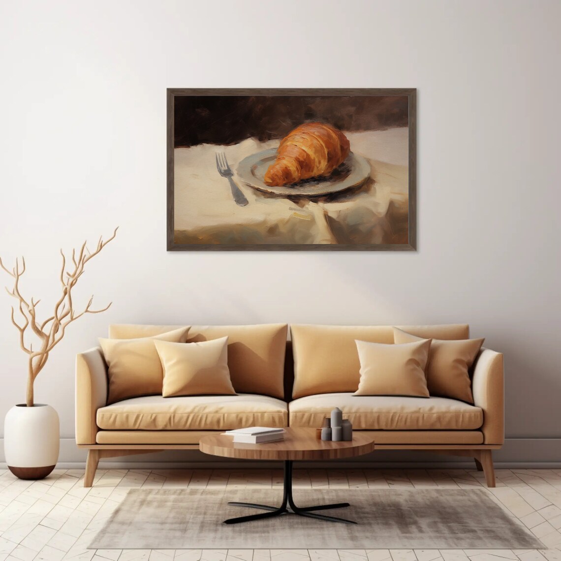 Golden Croissant Oil Painting Still Life on Ceramic Plate Print - Image 3