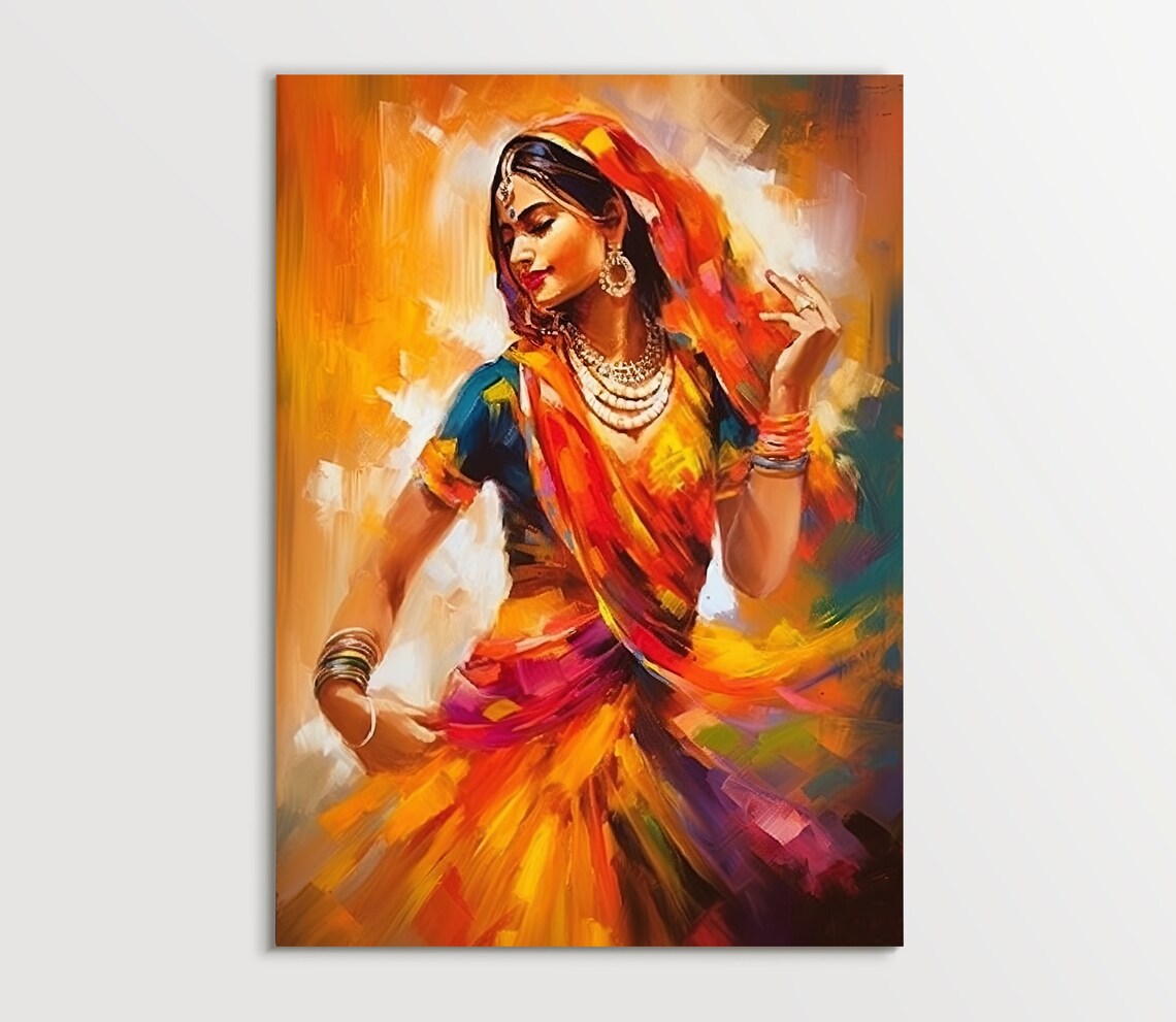 Vibrant Indian Folk Dancer in Swirling Sari Oil Painting Poster - Image 5