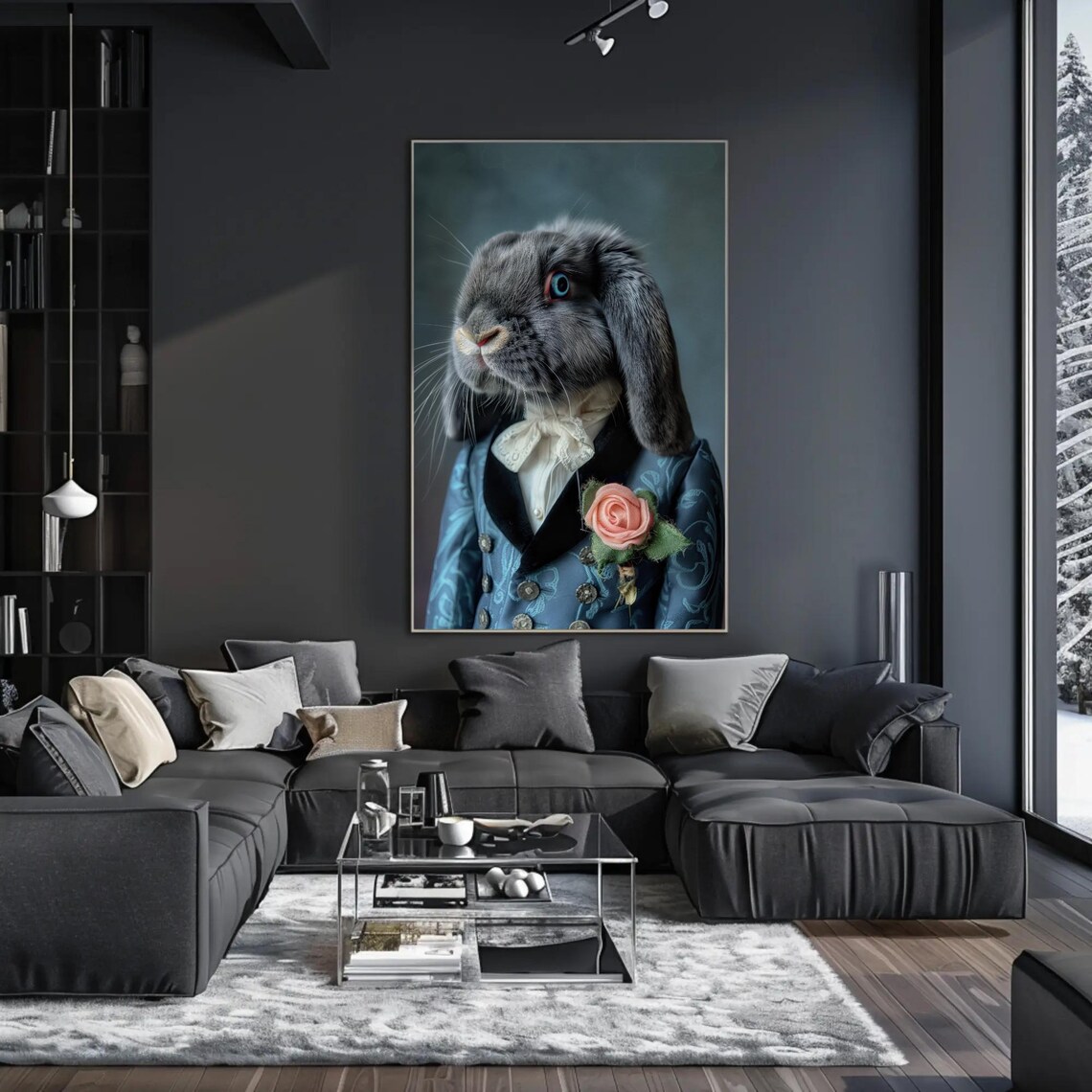 Gray Holland Lop Rabbit in Blue Victorian Suit with Rose Portrait Poster - Image 2