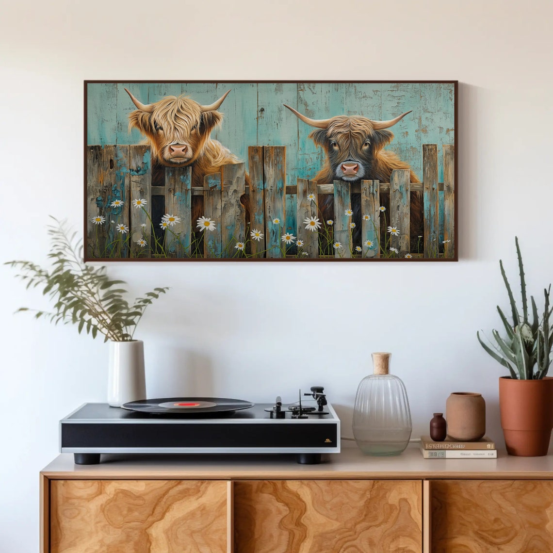 Two Shaggy Highland Cows Peeking Over a Fence With Daisies Poster - Image 5