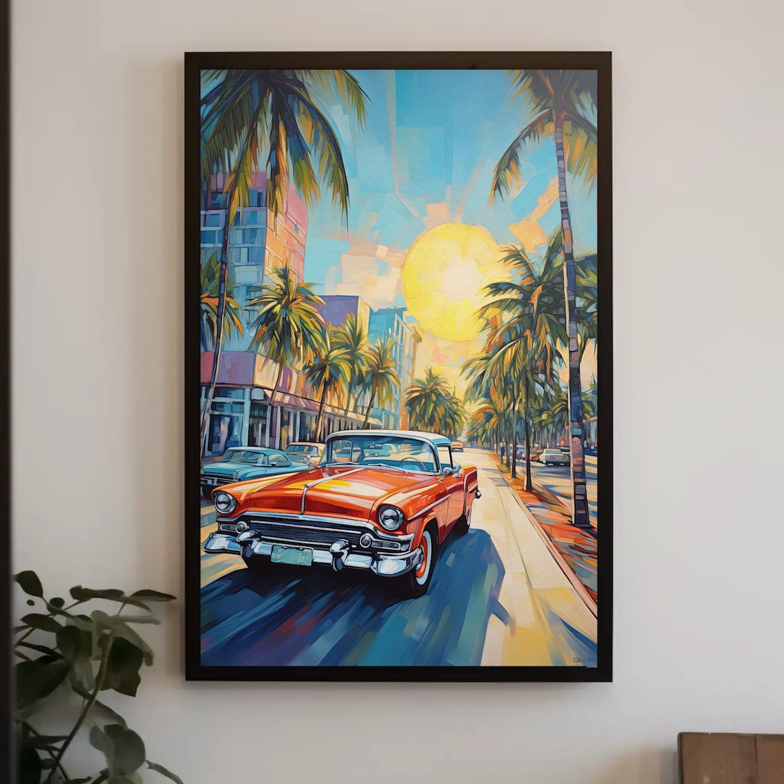 Miami Street Oil Painting With Red Classic Car Sunshine Poster