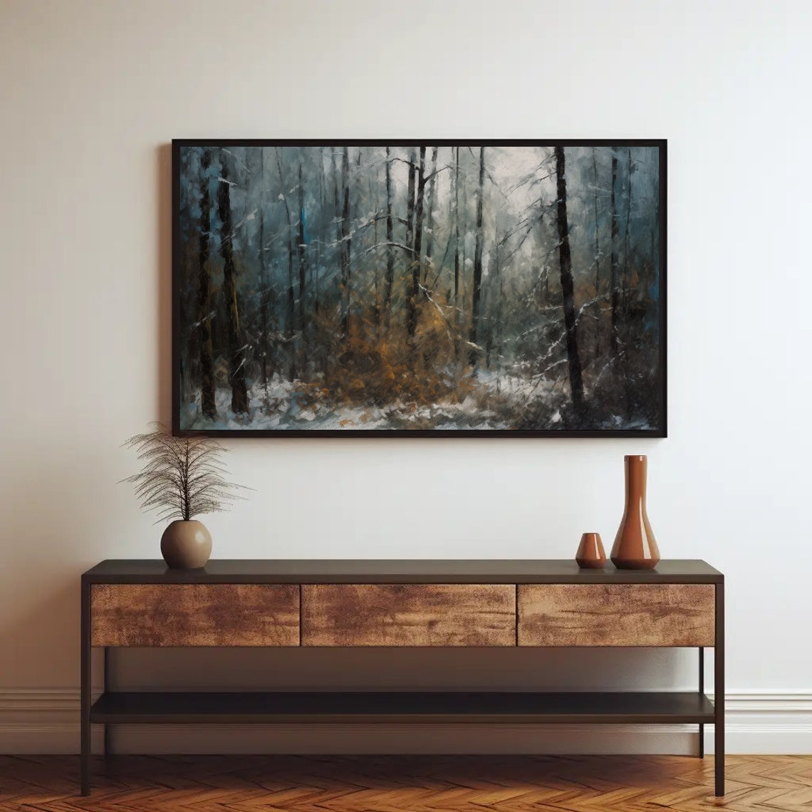 Snowy Winter Forest Oil Painting with Tall Bare Trees Poster - Image 2