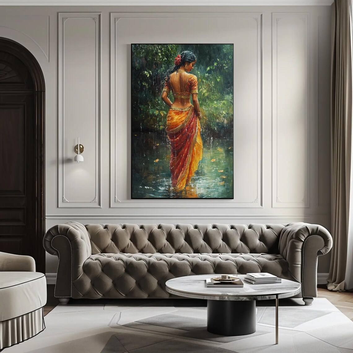 Indian Girl in Rain, Traditional Oil Painting Print - Image 3