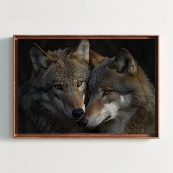 Wolf Couple Nuzzling Dark Background Wildlife Portrait Poster