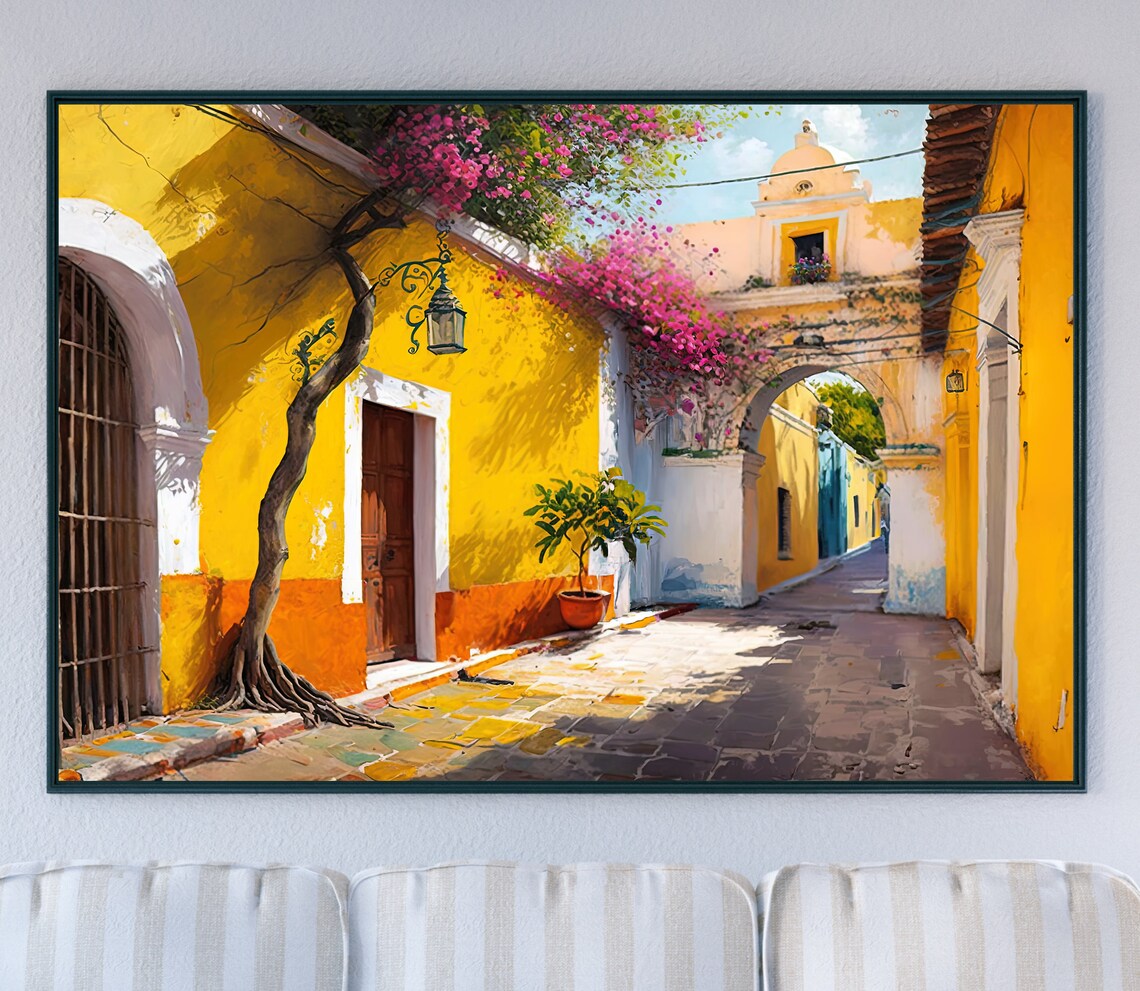 Sunlit Izamal Colonial Alley With Bougainvillea Arch and Church Poster - Image 5