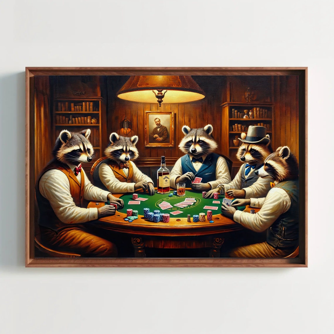 Raccoons Playing Poker Around Table Whimsical Oil Painting Poster