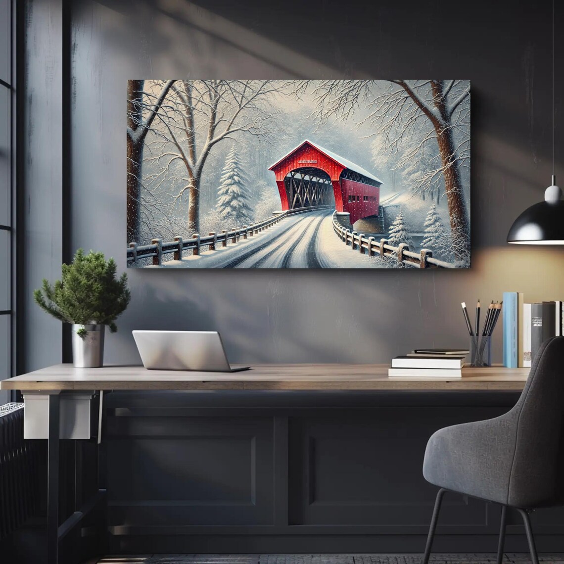 Red Covered Bridge In A Snowy Winter Wonderland Landscape Poster - Image 4