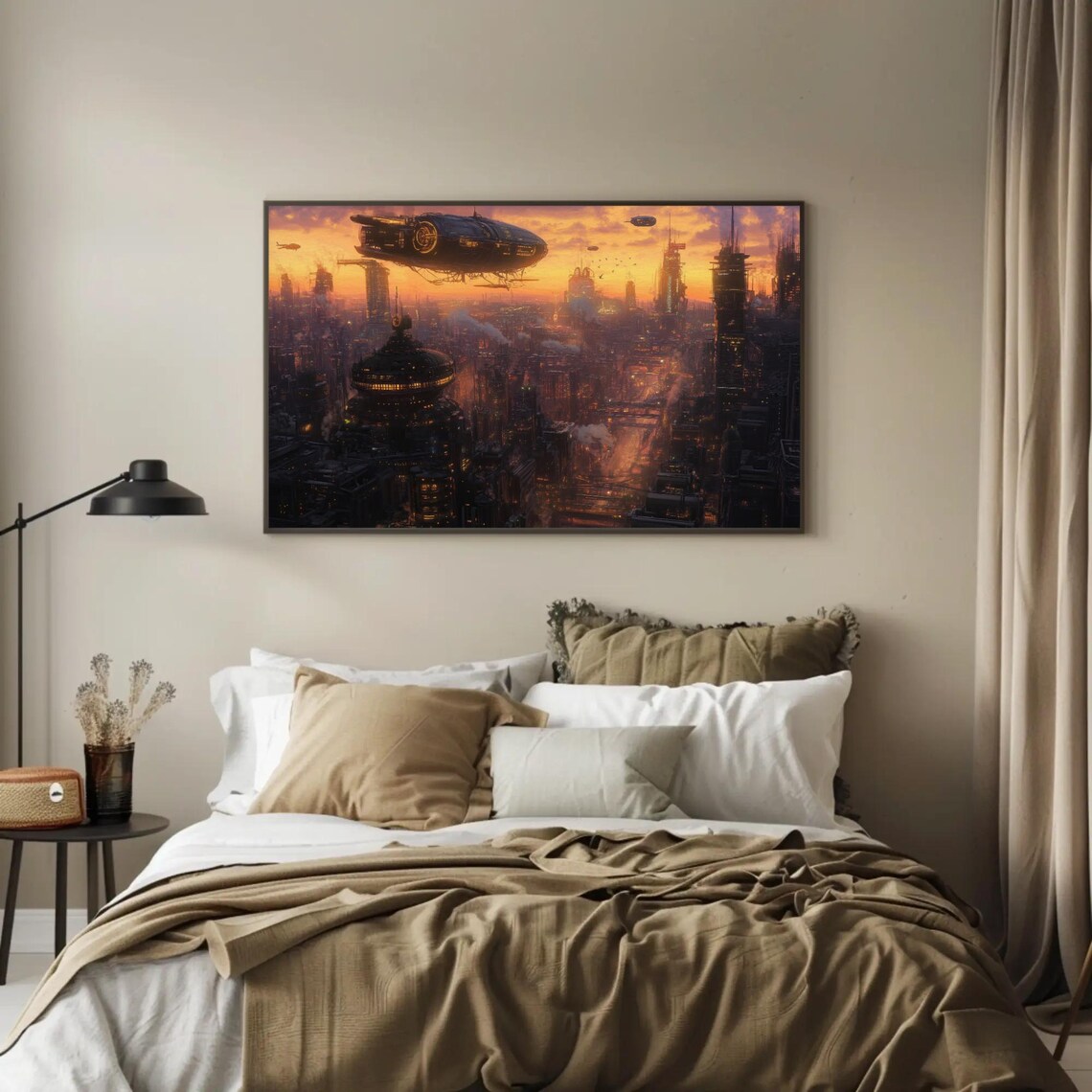 Steampunk Cityscape with Floating Airships at a Fiery Sunset Poster - Image 2