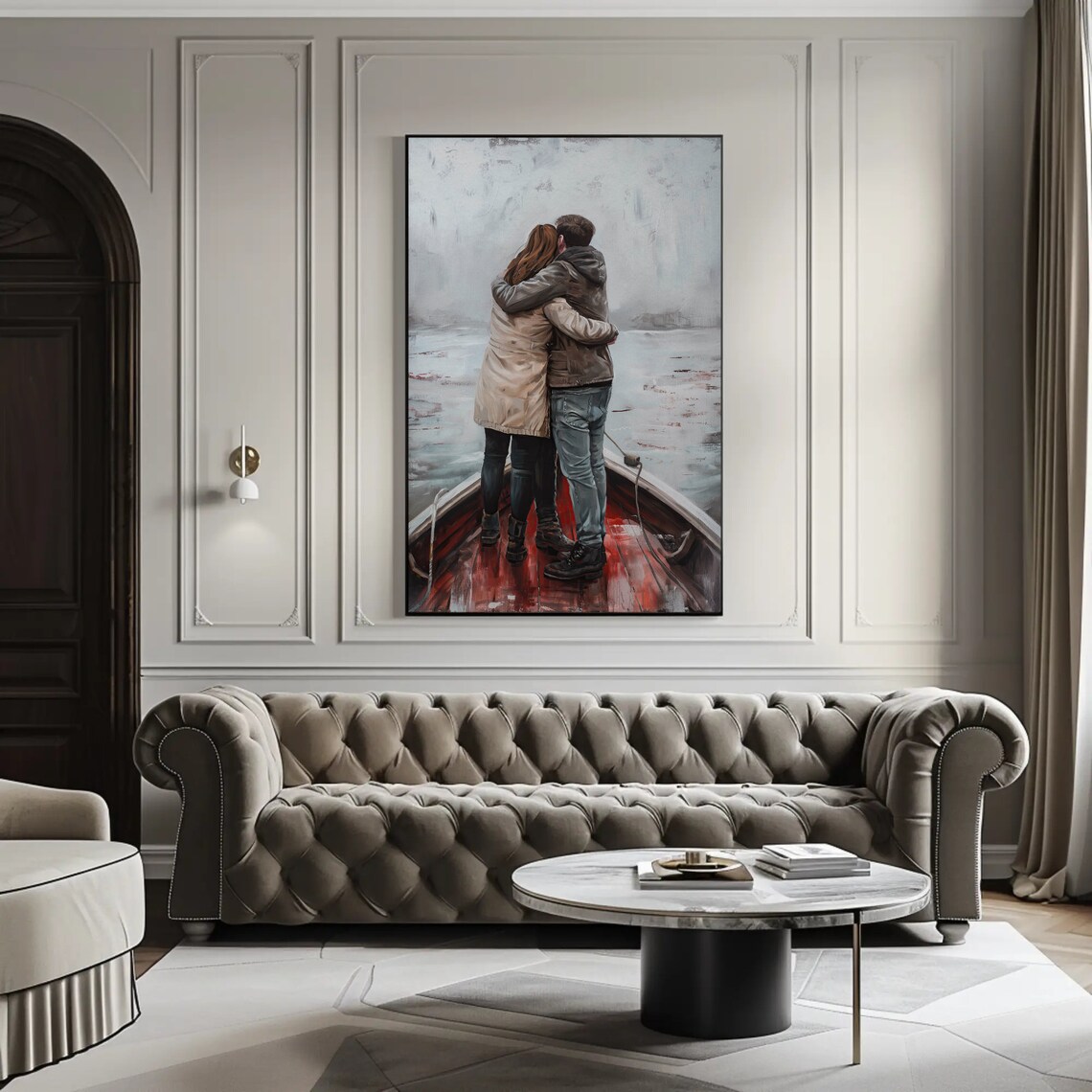 Romantic Couple Embracing in a Boat Oil Painting Poster Misty Waters - Image 5