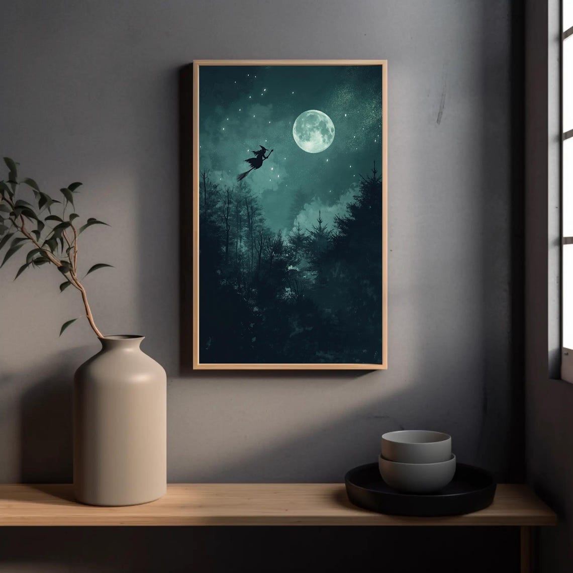 Witch Flying On Broomstick Past Full Moon Halloween Night Poster - Image 5