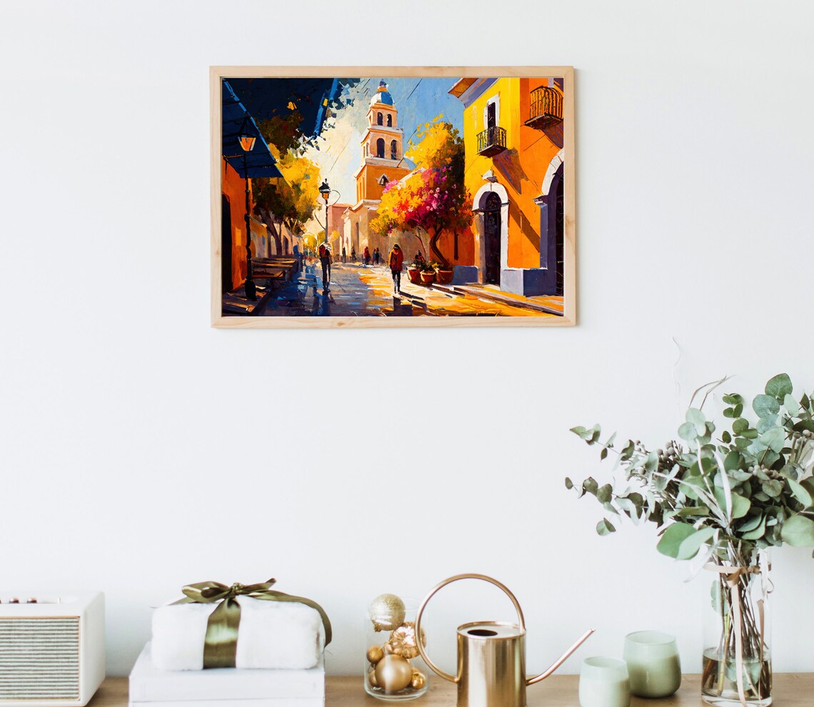Mexican Town Plaza Church Dome Sunny Street Vibrant Art Poster - Image 5
