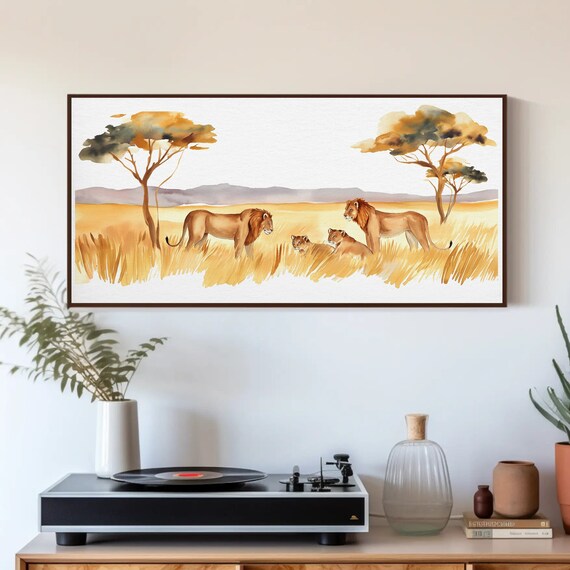 Lion Pride Resting on African Savanna Watercolor Wildlife Poster