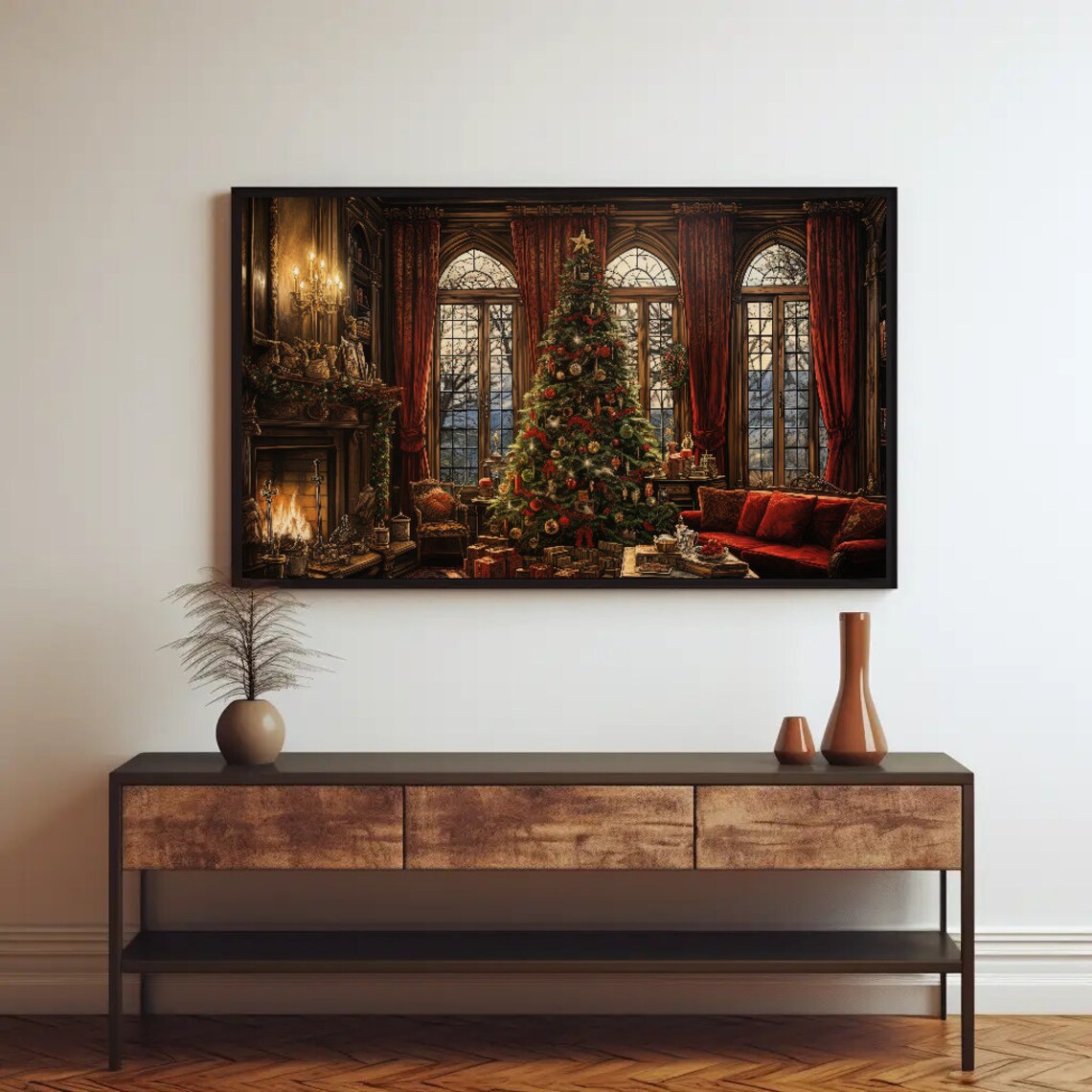 Cozy Christmas Living Room Fireplace Holiday Tree Painting Poster - Image 3