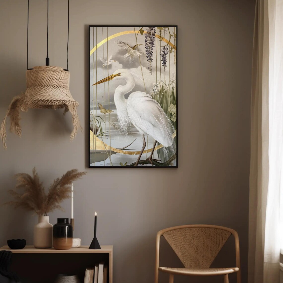 White Egret Watercolor Poster With Gold Accents and Wisteria Flowers - Image 2