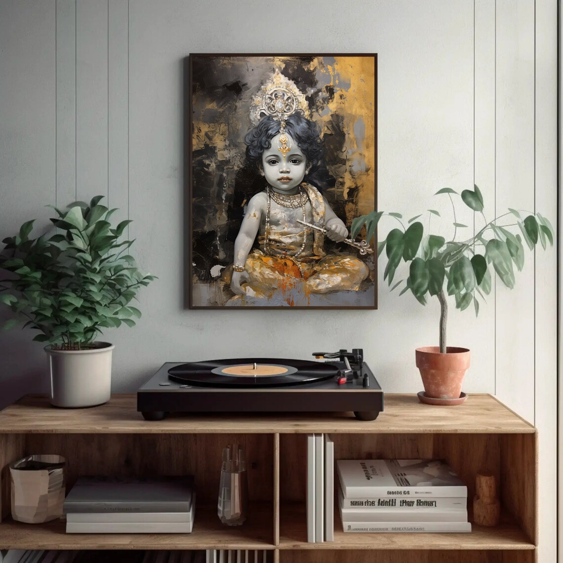 Baby Krishna in Gold and Black Hindu Deity Portrait Art Poster - Image 2