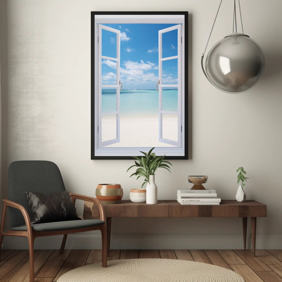 Tropical Beach Faux Window Open Window Coastal Ocean View Poster - Image 2